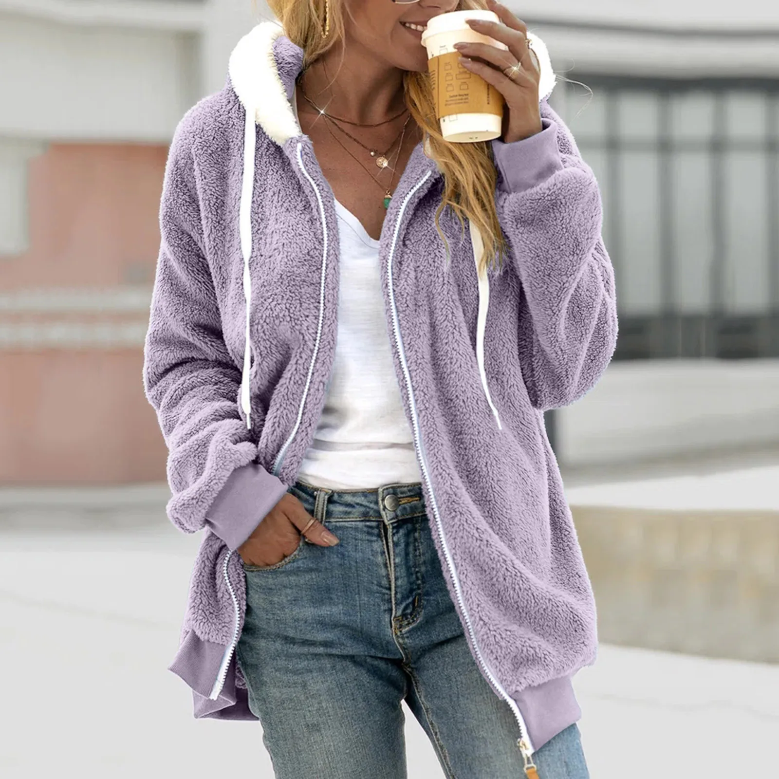 Women Plush Winter Sweatshirt Loose Artificial Wool Zipper Drawstring Long-Sleeved Hoodie Sweater Coat Thicken Warm Jackets Pull