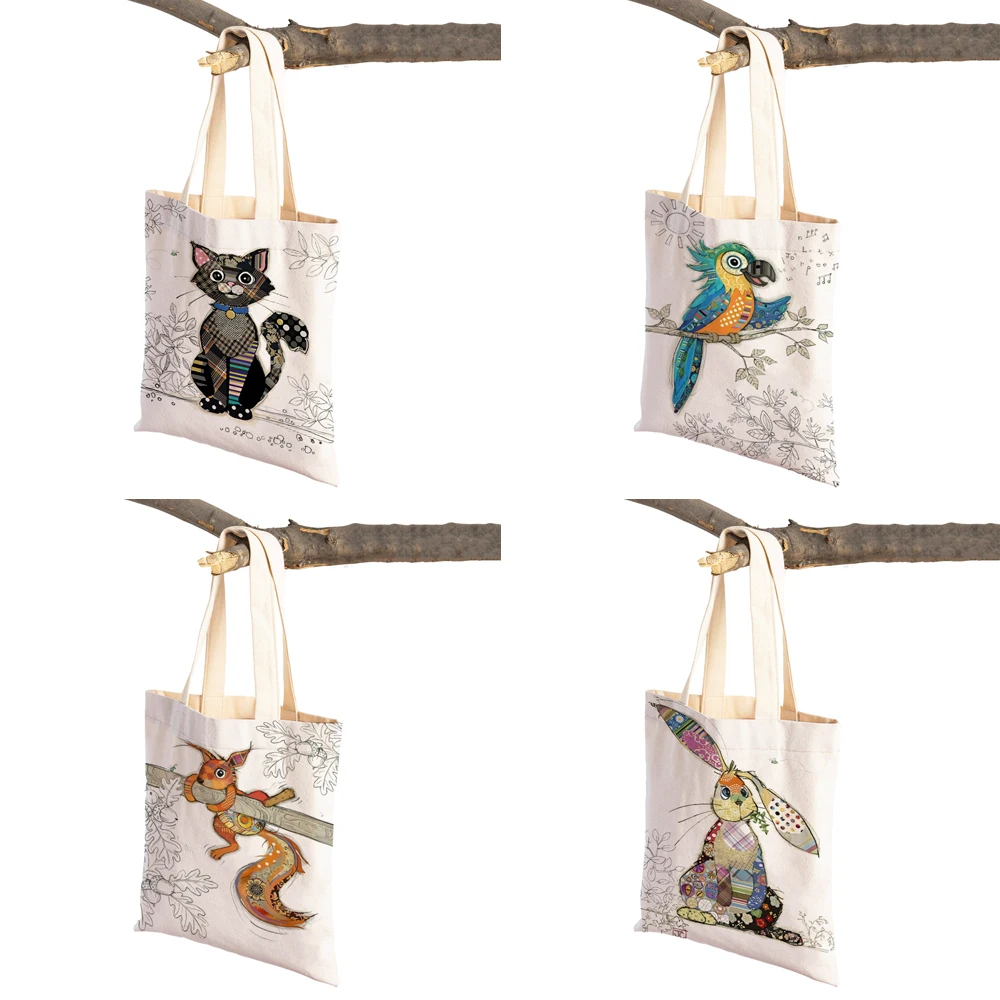 Casual Cartoon Animal Art Women Shopping Shoulder Bag Monkey Elephant Cat Dog Canvas Foldable Reusable Cloth Lady Tote Handbag