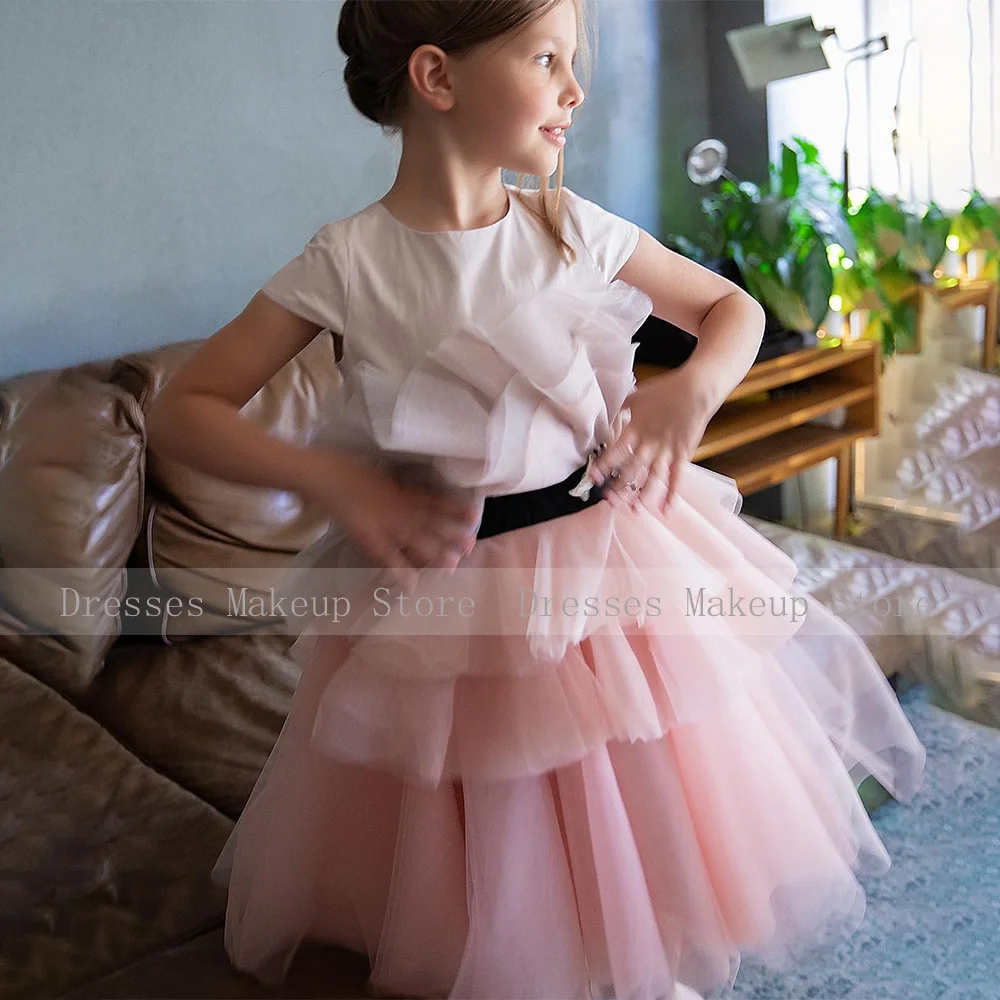 Girls Birthday Dresses O Neck Cap Sleeves Black Belt Short Party Dress for Girl Tiered A Line Tea Length Princess Party Gowns