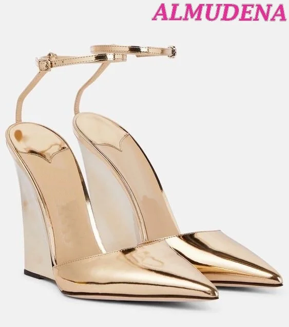 Women Gold Metallic Leather Pointy Toe Sandals Wedges Ankle Strap High Heels Summer Luxury Designer Party Dress Shoes Plus Size