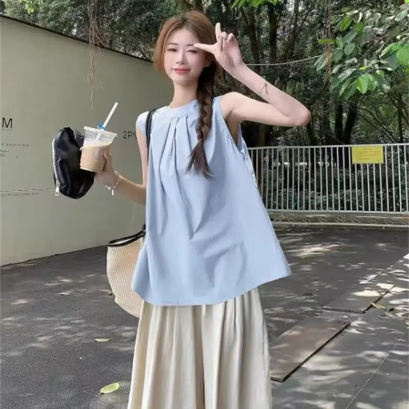 

Sleeveless Loose Youth Cute Korean Shirt Tops Women Clothing Summer Solid Pleated Sweet All-match Blouse Fashion Casual Trend