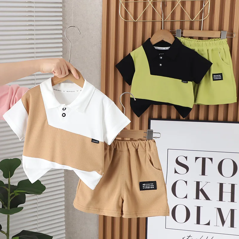 2024 Toddler Summer 12 18 Months Clothing for Boys Casual Patchwork Turn-down Collar Short Sleeve Shirts and Shorts 2 Piece Set