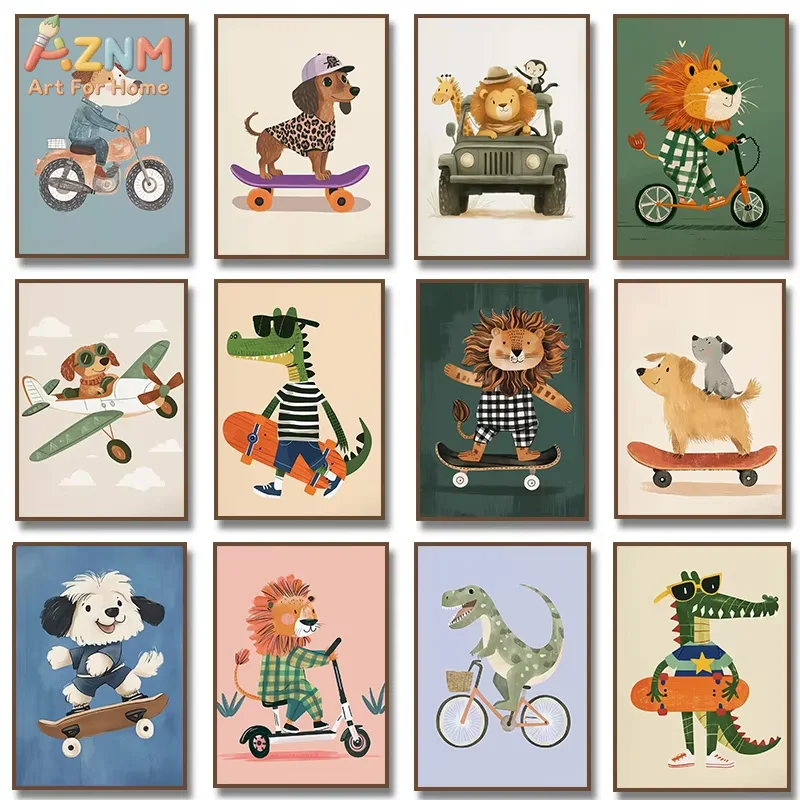 AZNM Cool Sport Animal Canvas Print Dog Lion Crocodile Dinosaur Riding Skateboard Bike Plane Car Boys Kids Nursery Bedroom Wall