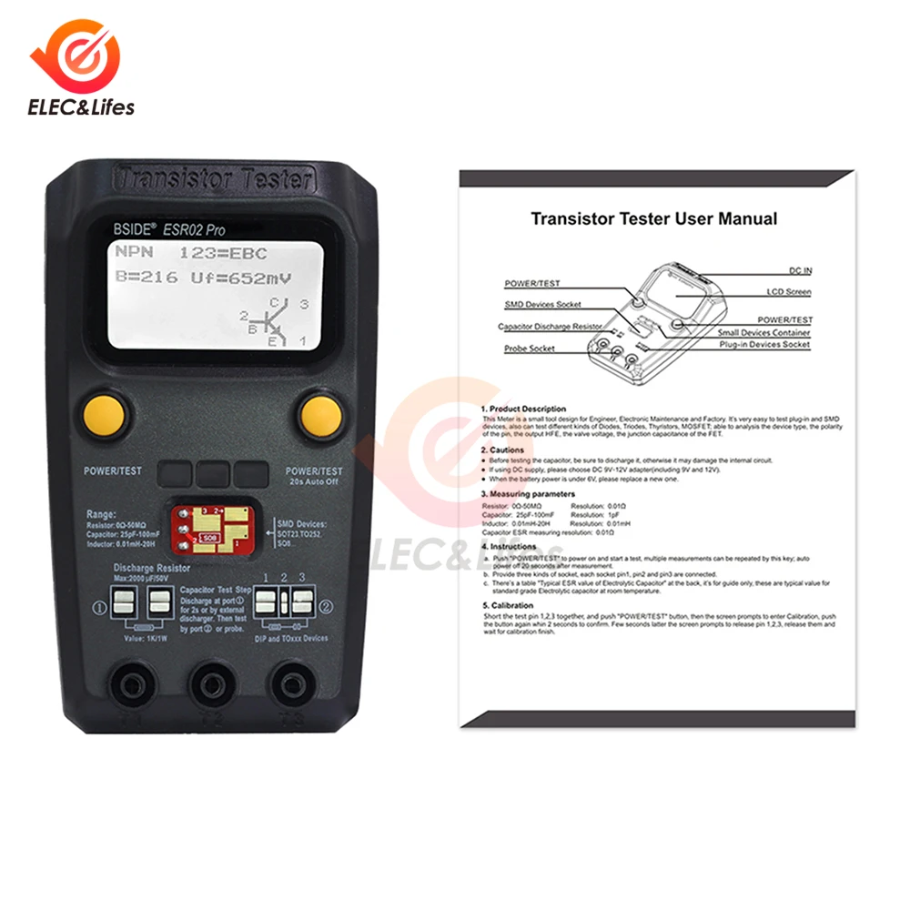 Imagem -03 - Multi-purpose Smart Transistor Tester Esr Smd Esr02pro Diodo Triode Capacitância Resistor Medidor Medidor Lcd Mos Pnp Teste Npn Esr02