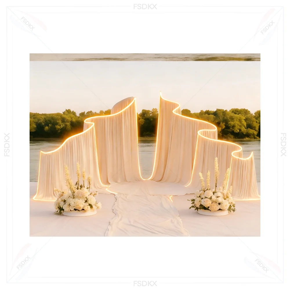 

Wedding Scene Decorated with White Fabric And Stainless steel Wedding Backdrop Curtain Drapes Indoor Outdoor Stage Decor