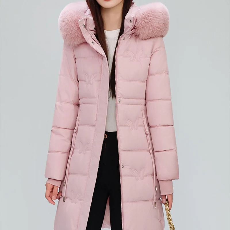 Butterfly Pattern Mid-Long Parkas Women Winter Warm Furry Collar Hooded Parka Jacket Woman Slim Fit Thicken Parkas Female