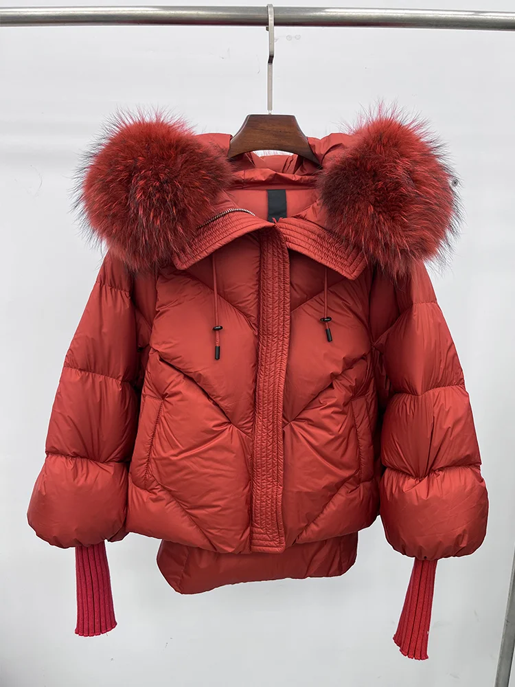Frauen Winter Gans Unten Jacken Echt Fox Pelz Kragen Mit Kapuze Dicke Natürliche Waschbären Pelz Weibliche Outwear Warme Lose Puffer Mäntel