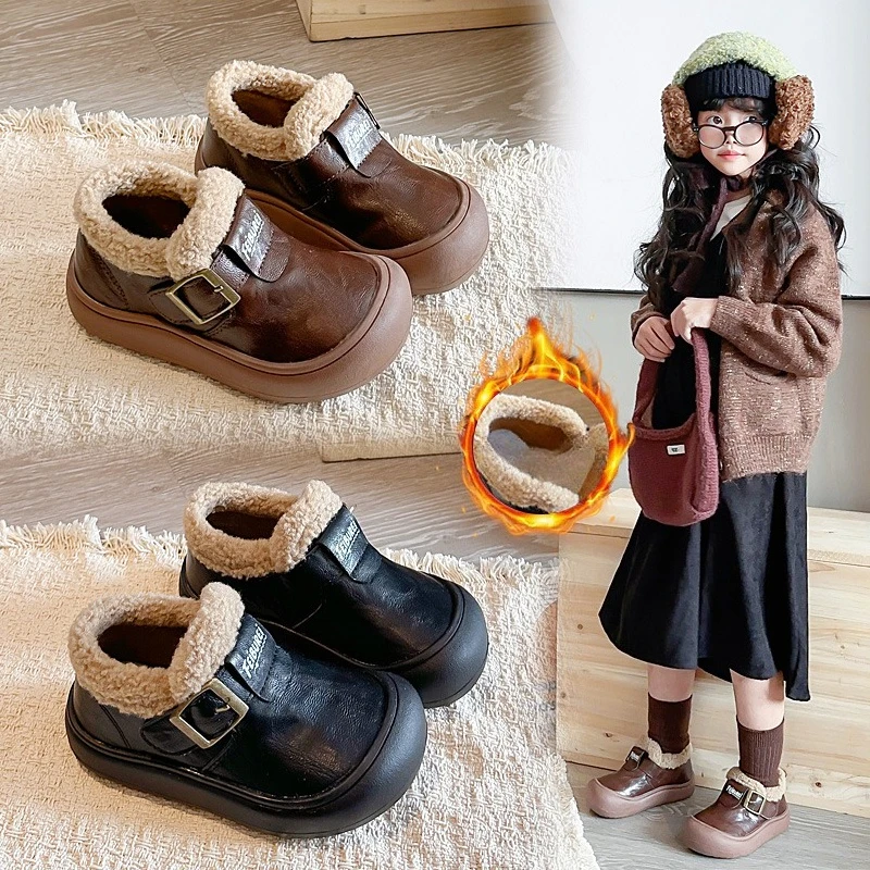 Toddler Boys Girls Soft Fluffy Leather with Buckle 2025 New Winter Kids Warm Cotton Boots Non-slip Versatile Chic Outdoor Play