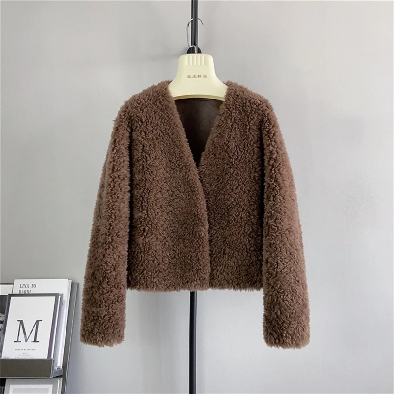 Lady Sheep Shearling V- Collar Short Jacket Women Lamb Wool Real Fur Fall and Winter Warm Coat PT456