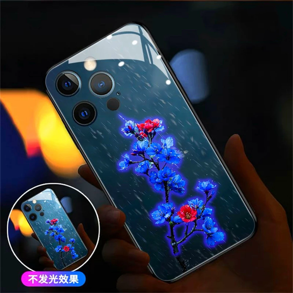 

Чехол со светодиодной вспышкой и синими красными цветами для iPhone 16 E 15 14 13 12 11 Pro Max X XS XR SE2020