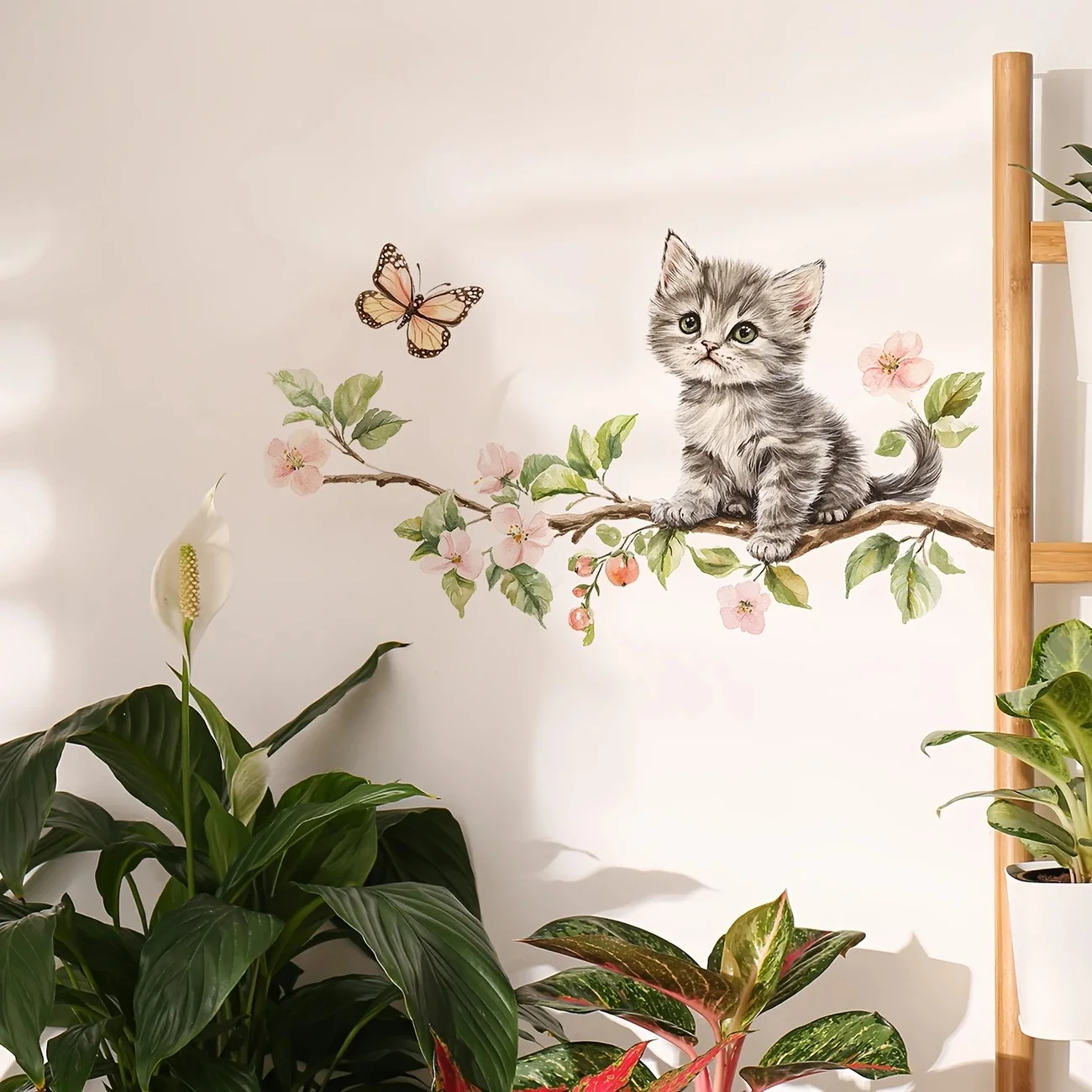 MT1105# Cute Gray Kitten on Branch Wall Sticker Decor for Bedroom, Living Room, Hallway Whimsical Animal Print, Easy to Apply