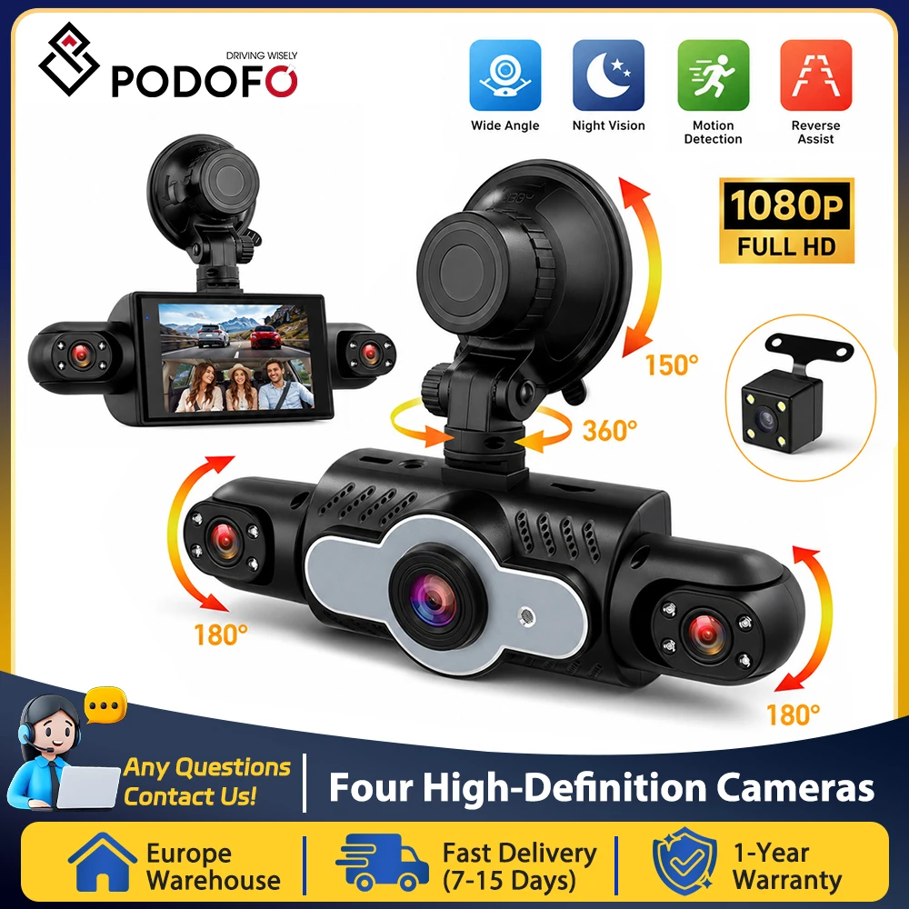 PODOFO 3-inch 1080P Car Dash Cam Four HD Cameras Interior Rear Video Recorder
