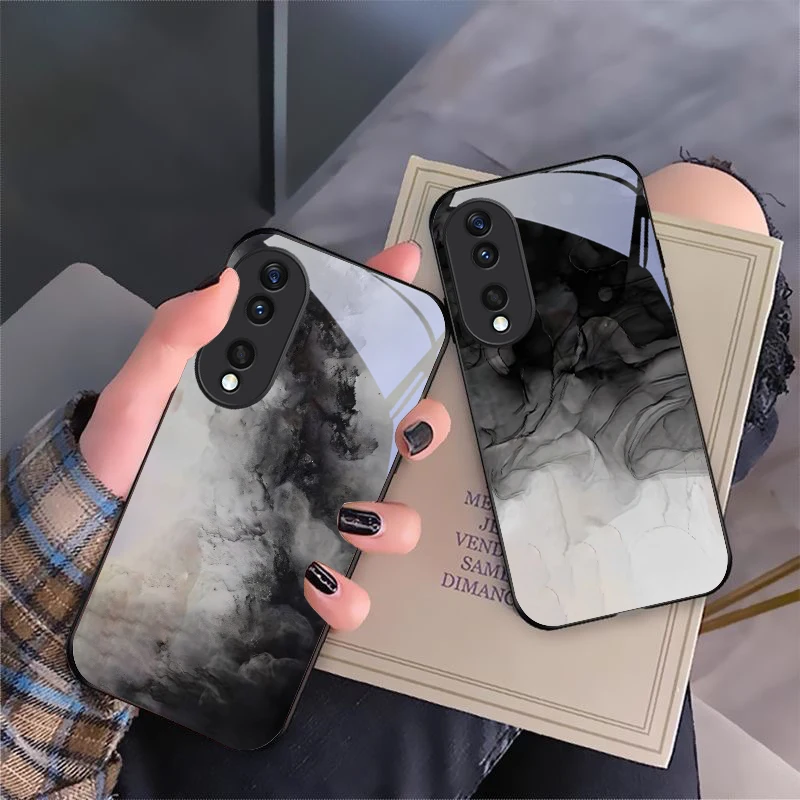 Ink wash style pattern For Honor X6 X9c X9 X6b X8a X8 X9b X5b Plus X8b 30 Pro+ 50 Pro 70 90 200 Lite Black Glass Phone Case