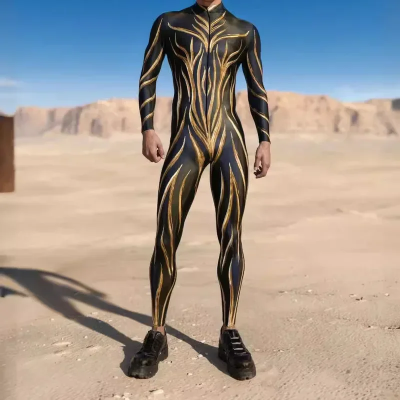 Cyber 3D การพิมพ์เส้นไม่สม่ําเสมอบอดี้สูทผู้ชาย Steampunk Jumpsuit ฮาโลวีนคอสเพลย์เครื่องแต่งกาย Catsuit Carnival Party Zentai