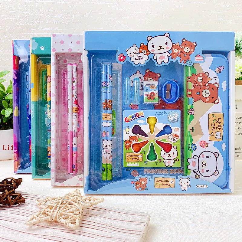 Kids Stationery Gift Set Kawaii DIY Crayon Pencil Case Pencil Cover All-in-one First Grader Set Gifts Box Office School Supplies