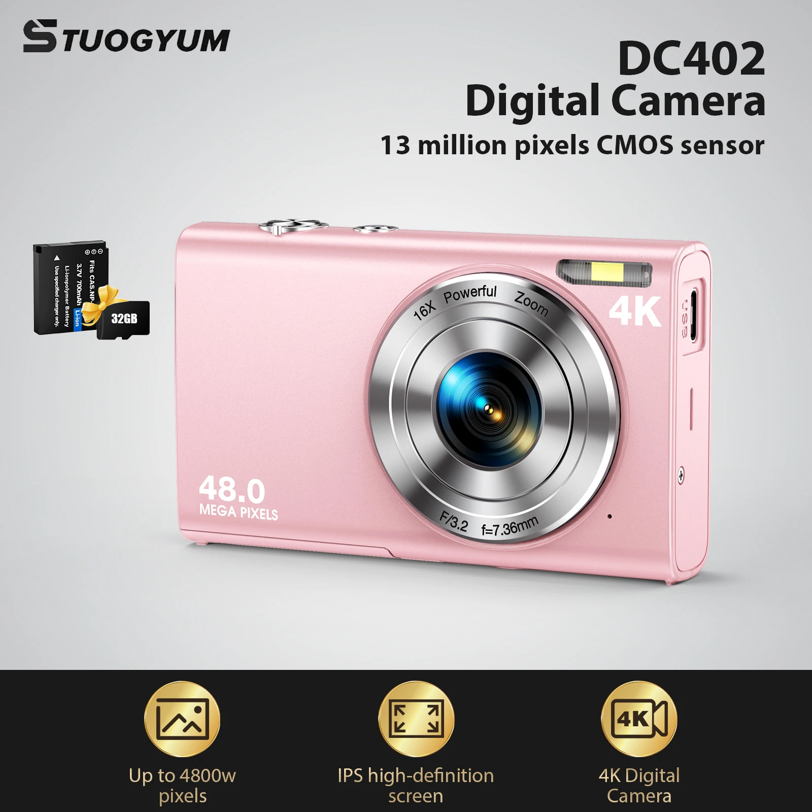 STUOGYUM HD 4K Digital Camera 48MP with 16X Zoom Autofocus LED Fill Light and IPS Display Camera for Vlogging Photography