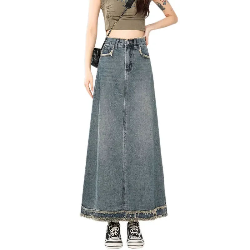 Women\'s Denim Skirt with Front Slit Maxi Long Blue Stylish Casual Plain Tall Girl Floor Jeans Summer