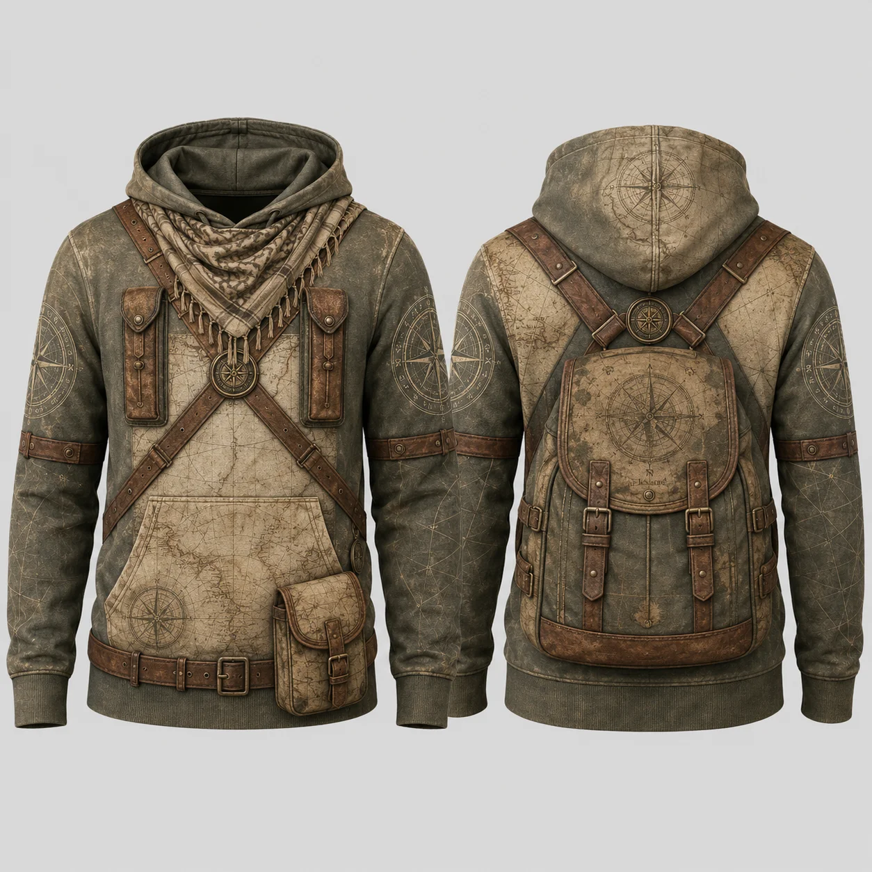 2027 Vintage Explorer Utility Hoodie Men Khaki Brown 3D Sublimation Print Flat Graphic Pullover Sweatshirt Outdoor Streetwear