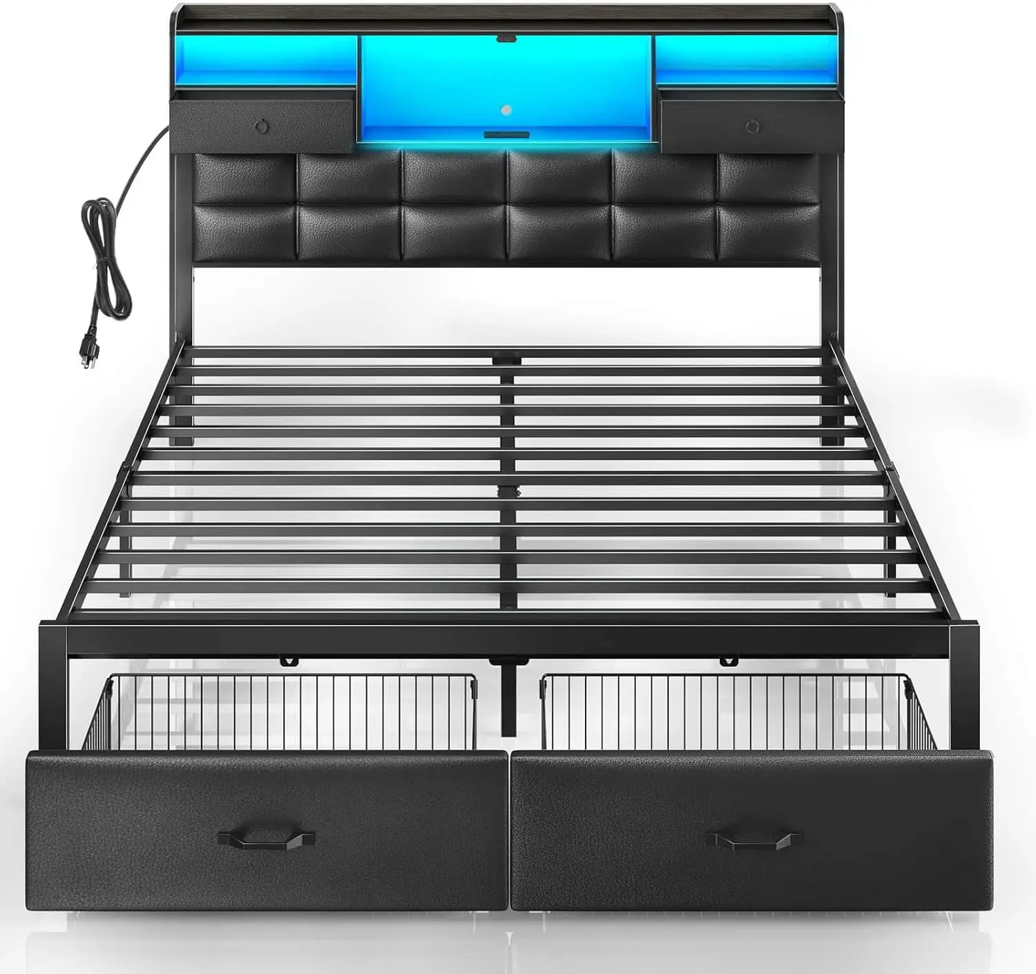 Full Size Platform Bed with Storage, USB Charging, LED Lights, and Drawers - No Box Spring Needed