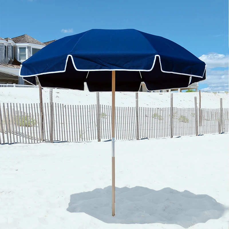 

Custom Logo UV Protection Oxford Fabric Canopy Stainless Steel Outdoor Sun Parasol Wooden Pole Market Beach Umbrella With Fringe