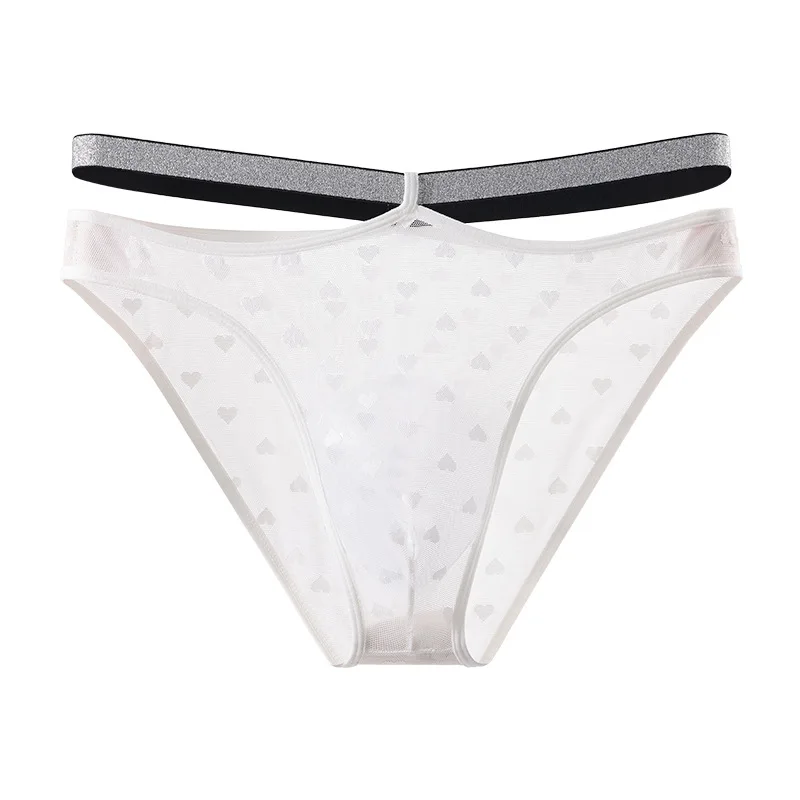 Men's Sheer Mesh Briefs Low-Rise Double Strap Transparent Underwear Sexy Mesh Panties Heart Pattern Breathable Erotic Underpants