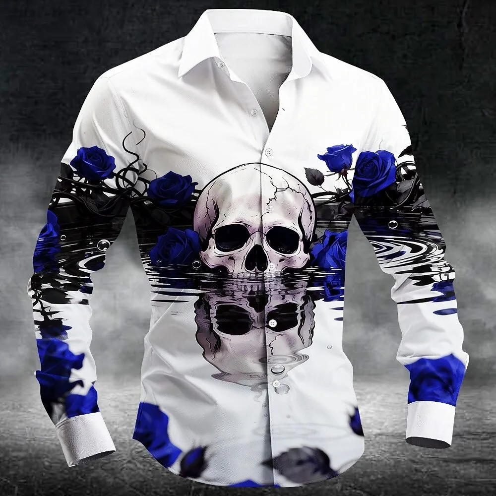 Nieuw herenoverhemd met 3D-schedelprint, knopen en lange mouwen, diepe punk, gotische bloemstijl, outdoor vakantiekraag, overhemdtop