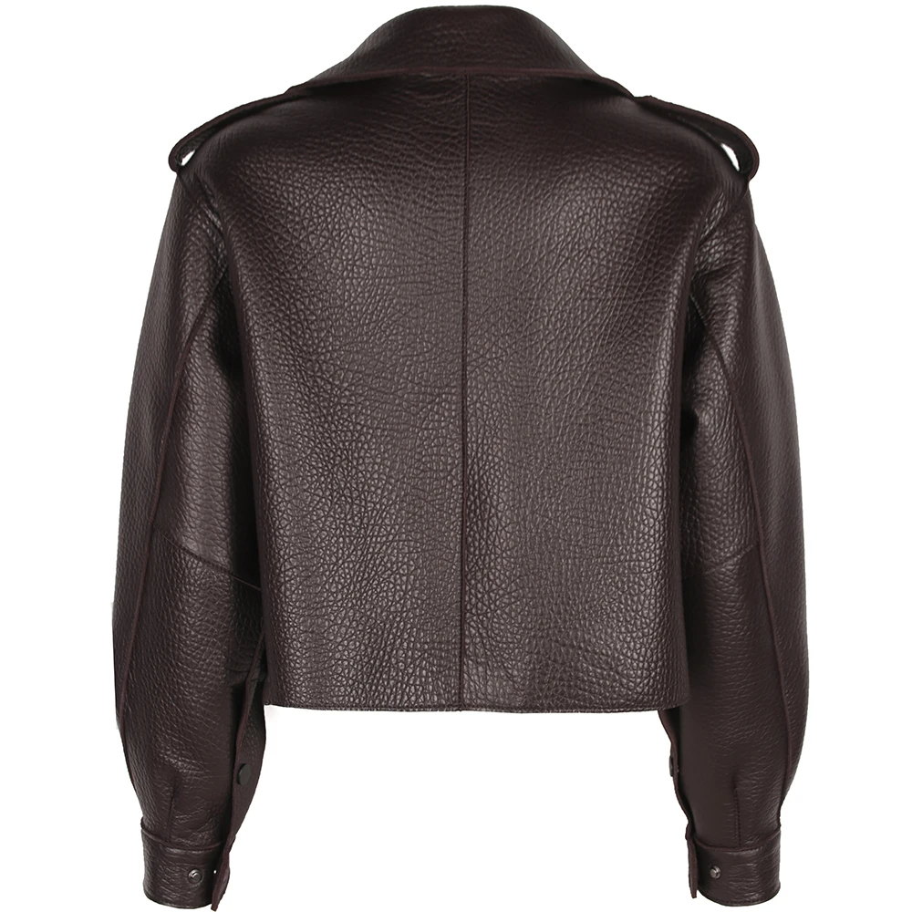 YOLOAgain 2025 Spring Dark Brown Oversized Leather Jacket Women Real Leather Jacket Female Overcoat