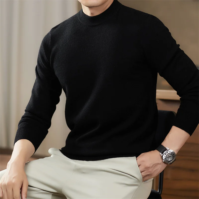 Prawdziwy sweter męski ze 100% wełny owczej, klasyczny, jednolity, kaszmirowy, podstawowy, na jesień i zimę 2025, z okrągłym dekoltem.