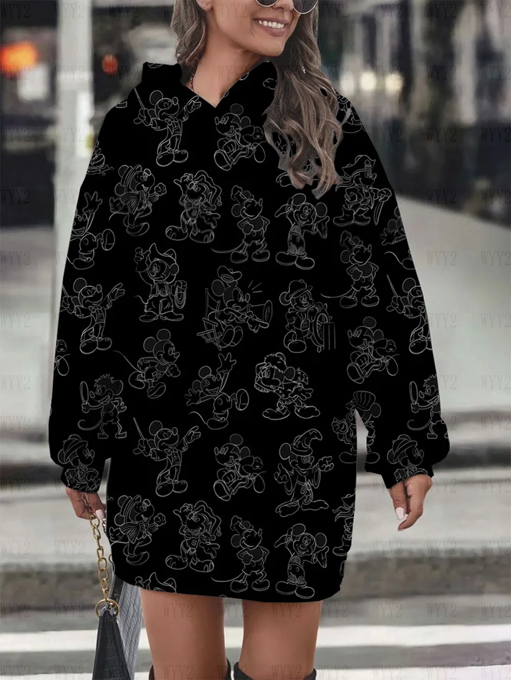 Autumn 2024 Women\'s Sweatshirt Print Disney Mickey Mouse Hoodie Sweatshirt Dress Casual Fashion Street Style Women\'s Clothing