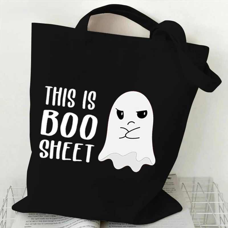 Women Canvas Shoulder Bag Halloween Ghost Reading Books Print Handbag Ladies Casual Bookworm Tote Bag Book Lovers Shopping Bag