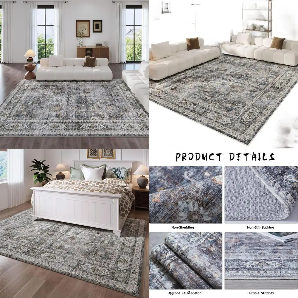 

6x9 Boho-Style Soft and Machine Washable Area Rug with Non-Slip Backing for Living Spaces, Bedrooms, and Playrooms in Vintage Gr