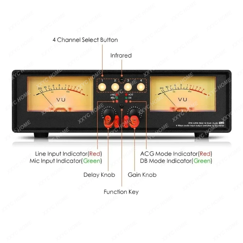 Analog Dual VU Meter MIC+LINE Stereo Music Spectrum Display Sound Level Indicator 4-Port Audio Splitter Switcher Box