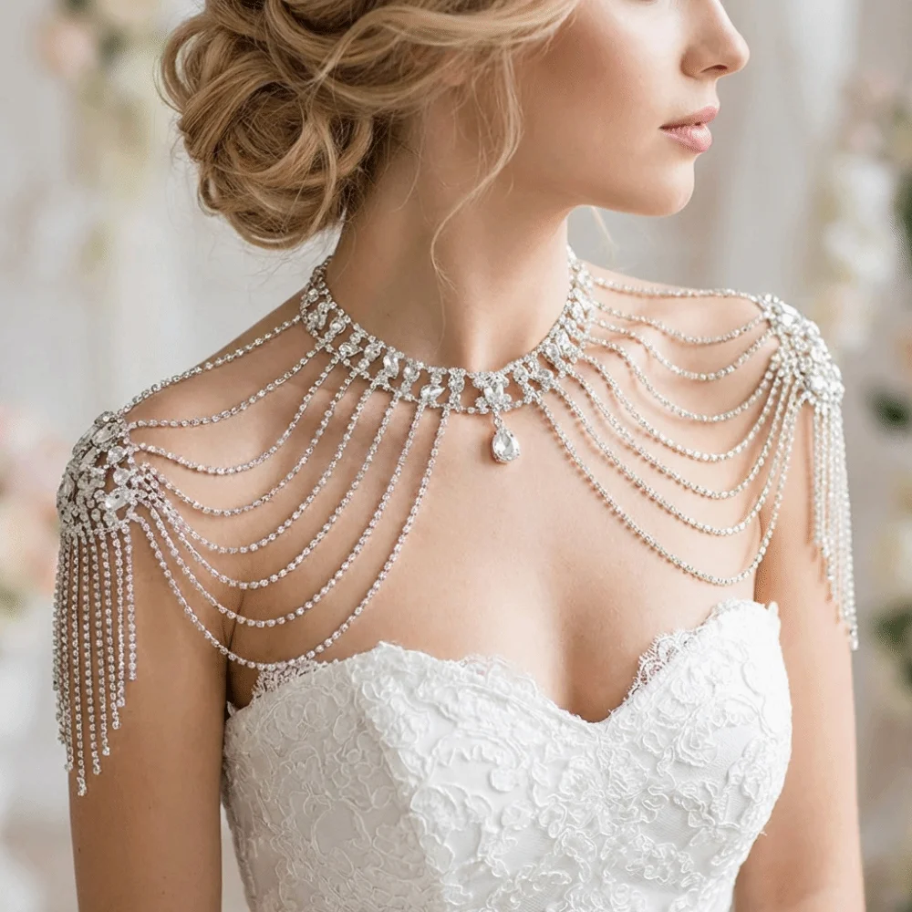 Luxurious Design Rhinestone Shoulder Necklace Gold/Silver Chain Elegant Bridal Tassel Necklace Multi-layer Fringed Retro Style