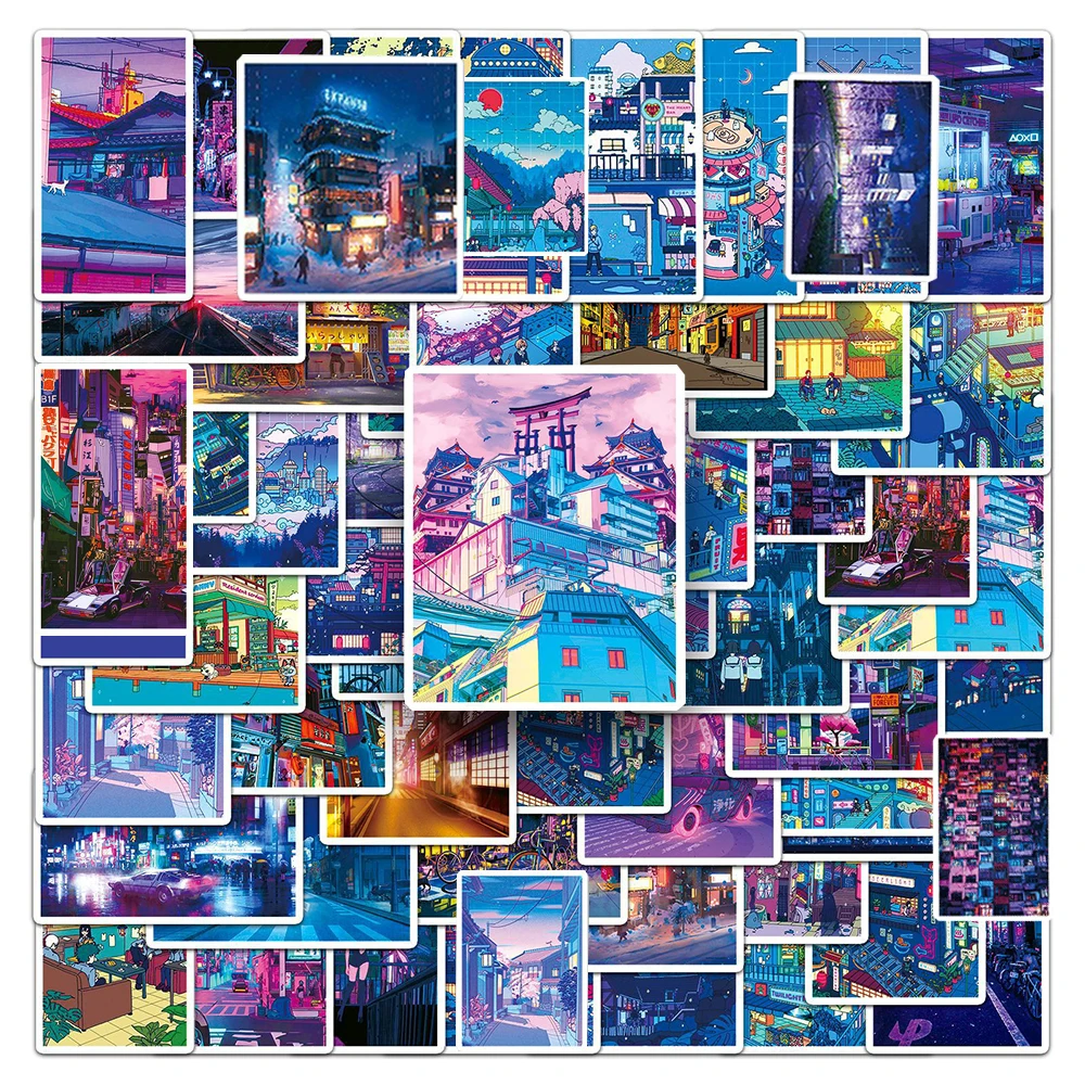 10/30/50pcs Colorful Night Scene Two Dimensional Style Cartoon Stickers View Aesthetic Decals Toys DIY Stationery Phone Case Car