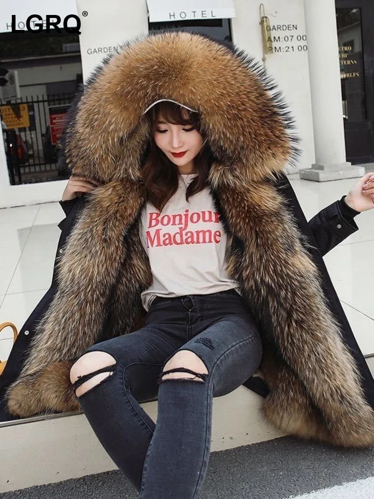 LGRQ 2024 Women's Mid length  Fur Grass Coat Imitation Fox Fur Inner Tank Fur Coat Detachable Three Piece Set winter