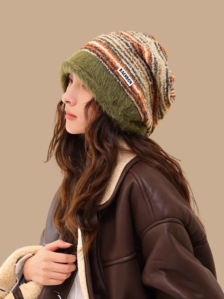 

2025 Fashion Furry Slouch Beanie Hat Women's Autumn and Winter Wool Thickened Warm Ear Protection Knitted Cold Hat Pile Cap