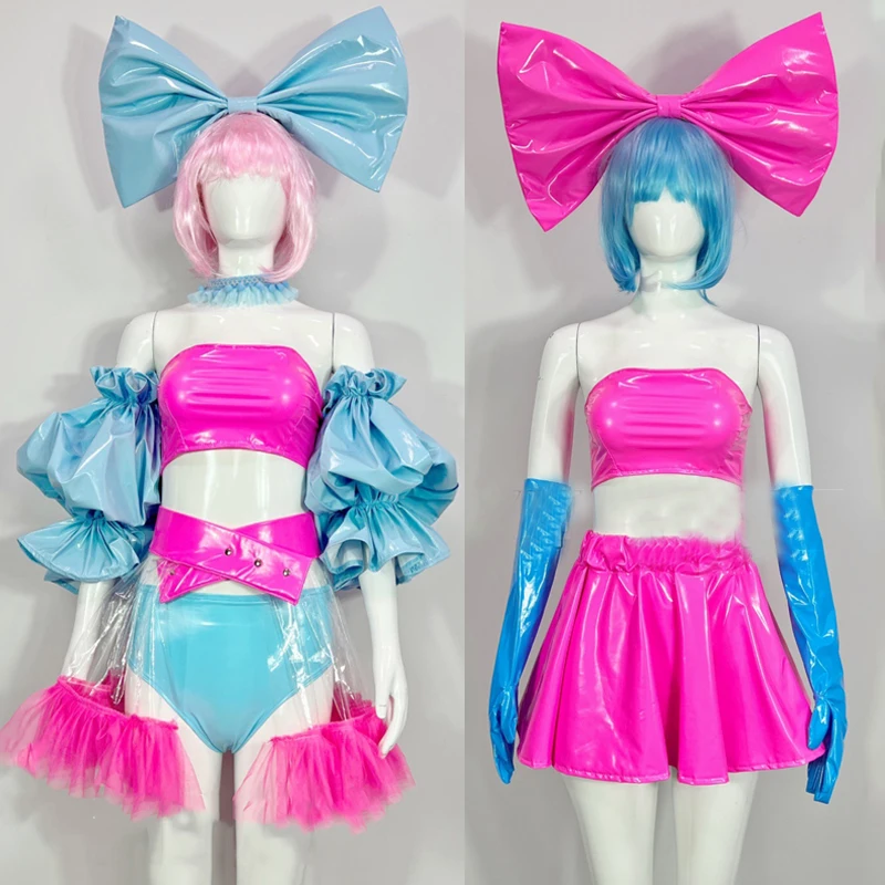 

Women Group Jazz Costumes Nightclub Party Festival Outfits Cute PU Top Skirts Gogo Costumes Stage Performance Clubwear XS5709