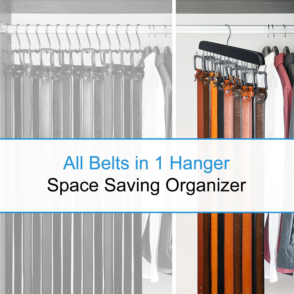 1 Pack Belt Hanger For Closet Max 42 Belts, Sturdy Wood Belt Rack Closet Accessories With 14 Hooks Closet Organizers And Storage