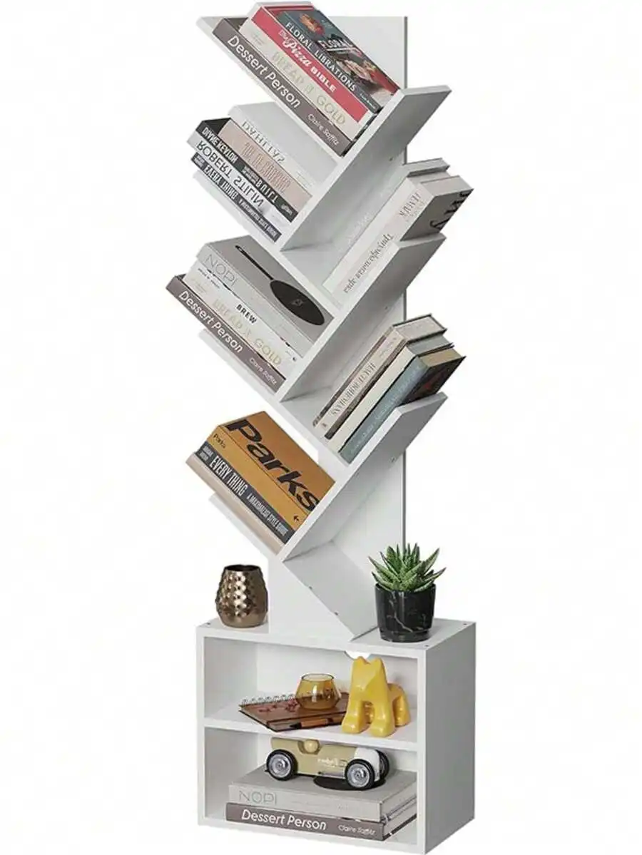 Six-Tier Tree-Shaped Bookshelf, Small Bookcase With Storage Cabinets, Modern Tall And Narrow Bookshelf Storage Unit, Floor-To-Ce