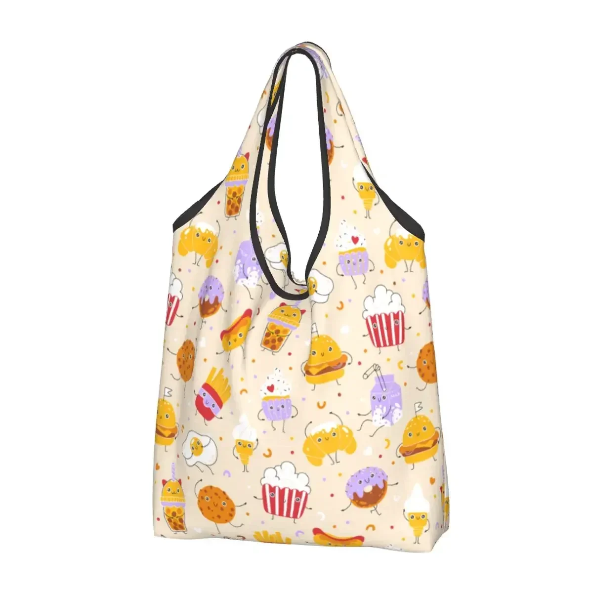 Reusable Cute Smile Cartoon Dessert Fast Food Shopping Bags for Groceries Foldable Childish Hamburg French Fries Grocery Bags