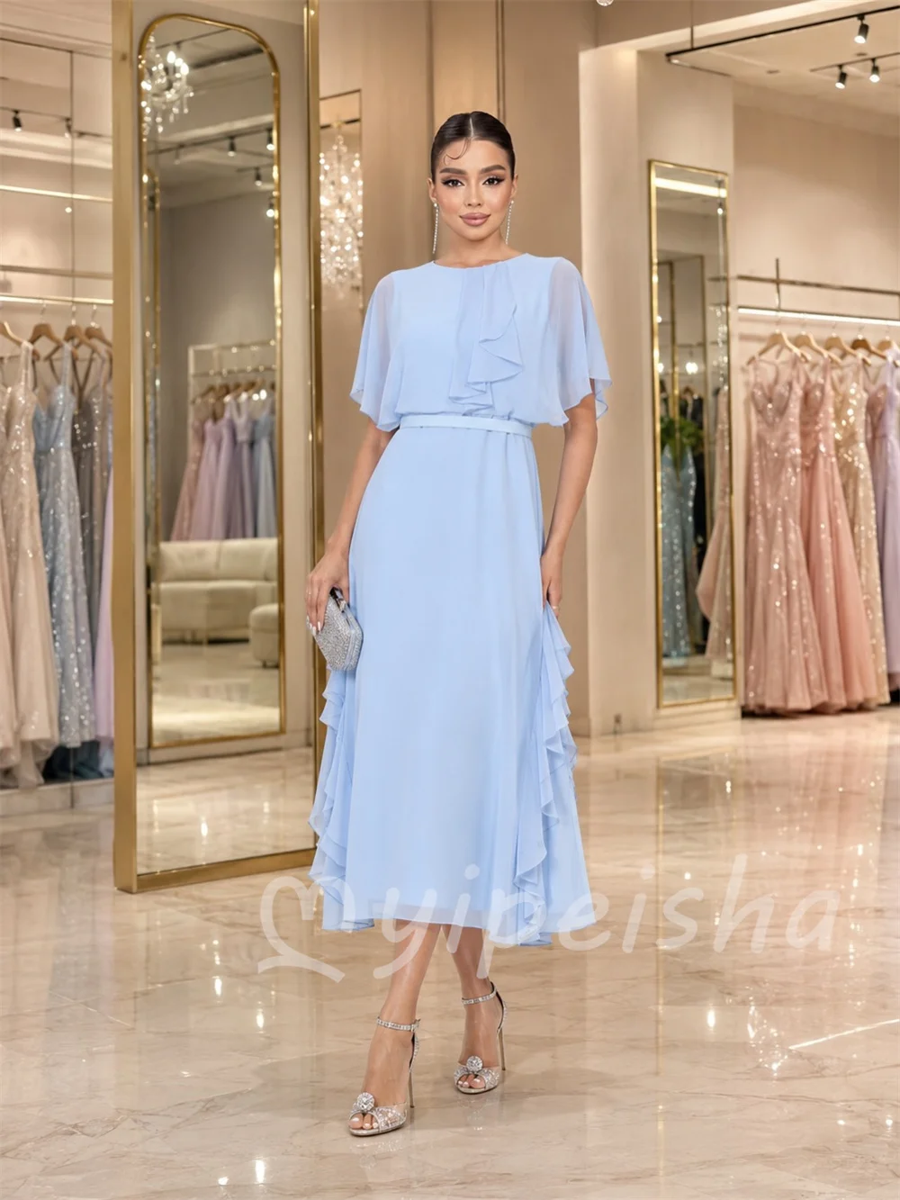 Sky Blue Simple Classic Chiffon Pleat Ruched Sash A-line Scoop Neck Tea Length Evening Dresses Party Gowns for Woman Customized