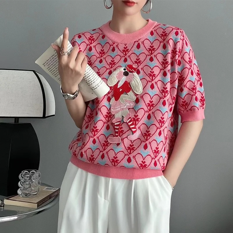 New Summer Women Knitted Sweater European Style Cartoon Pattern Fashion Jacquard Round Neck Short Sleeve Casual Jumpers Knitwear