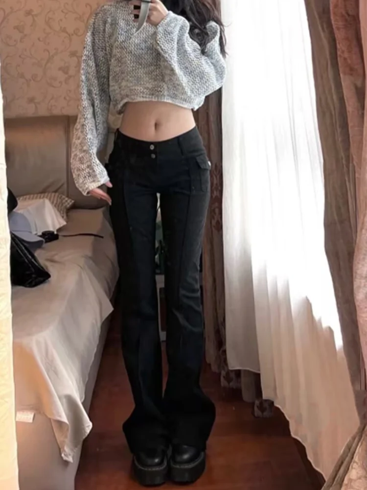 Casual Women Black Flared Pants 2023 Summer Fashion Ladies Low Waist Pockets Ornamnet Solid Color Pants Female Chic Bottoms