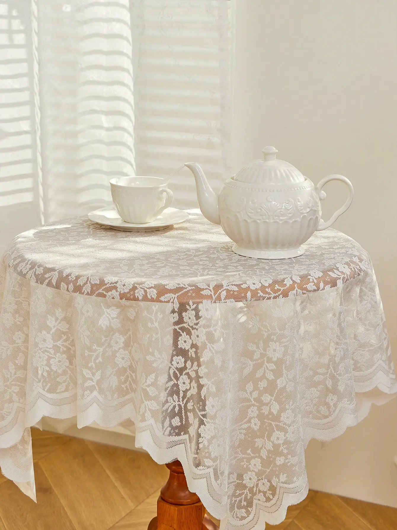 

White Floral Lace Tablecloth - Sheer Washable Round Table Cover for Kitchen, Picnic & Home Decor