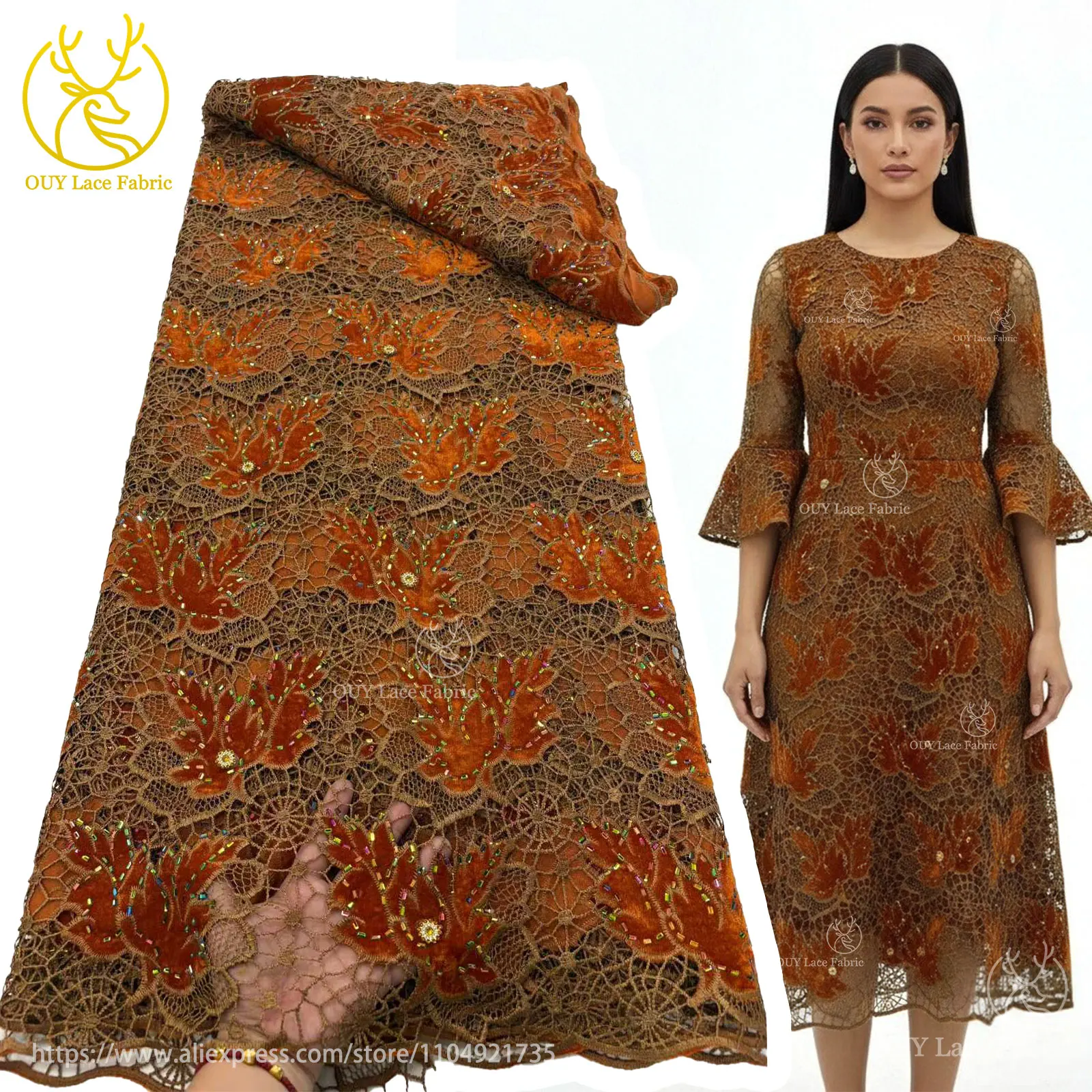 럭셔리 벨벳 크리스탈 아프리카 레이스 원단 2025 고품질 나이지리아 로프 레이스 원단 소녀들 저녁 파티 드레스 재봉용