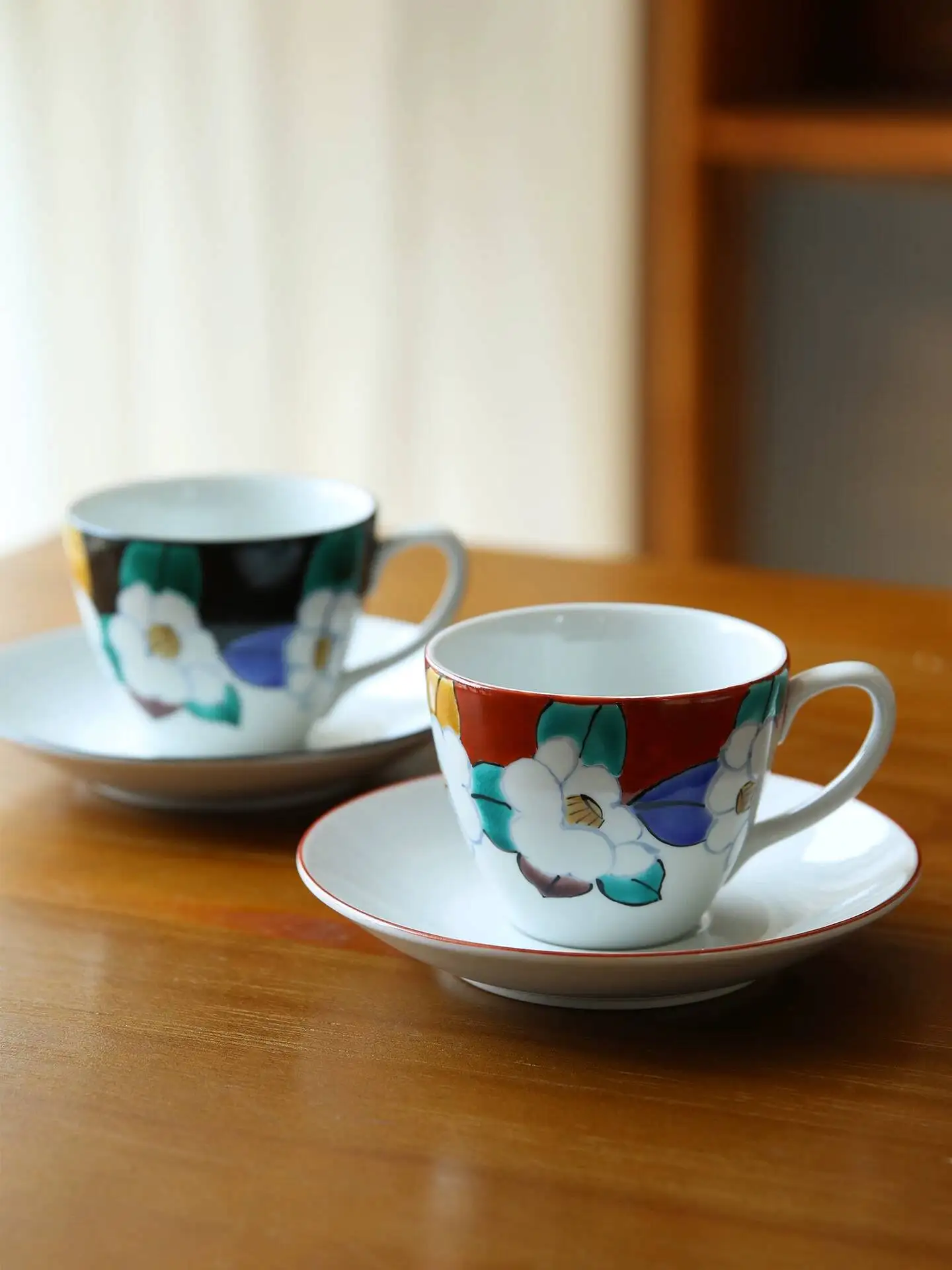 In Stock Japanese Imported Kutani Ware Hand-Painted Camellia Flower Coffee Set Couple Matching Cups Tea Cup Gift Box