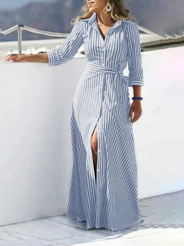 Fashion Women Lapel Neck Striped Dress ZANZEA Autumn Long Sleeve Buttons Maxi Long Dress Elegant Shirt Vestidos Femme Sundress