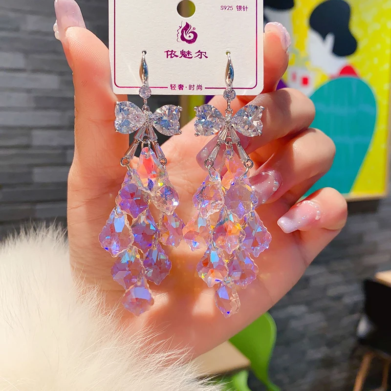 2024 New Colorful Purple Crystal Dangle Drop Earrings for Women Bohomia Trend Korea Fashion Luxury Wedding Party Banquet Jewelry