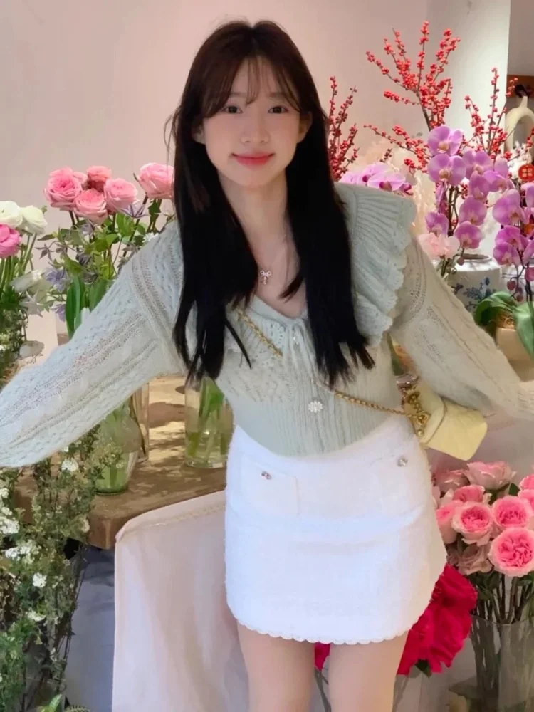 

Fre Gentle Korean Sle V-Ne Hollow out Knitted irt New Autumn Faion Simple Matchable Lace Trim Commute Sle Regular...