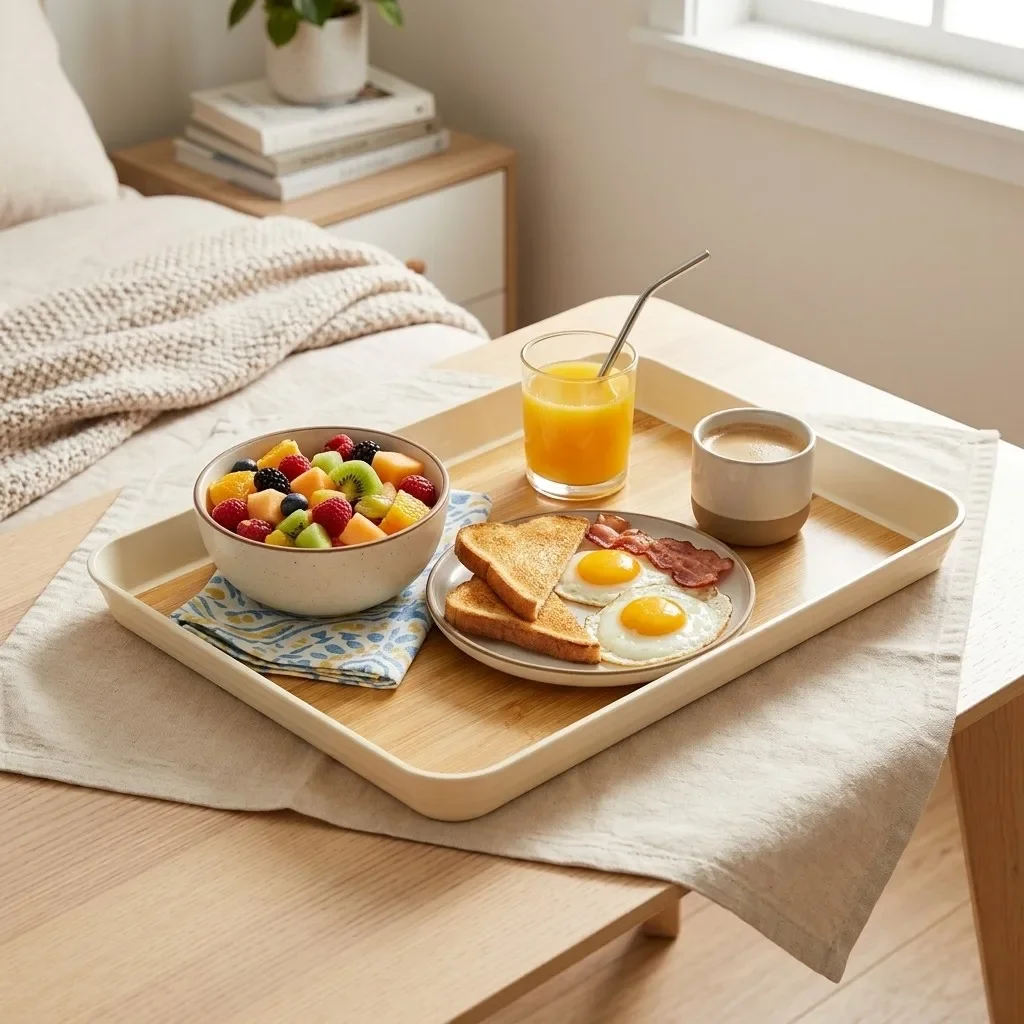 Plastic Wood Grain Serving Tray Spill-Proof Decorative Breakfast Food Tray Stackable Tea Snack Fruit Platter Kitchen Organizer
